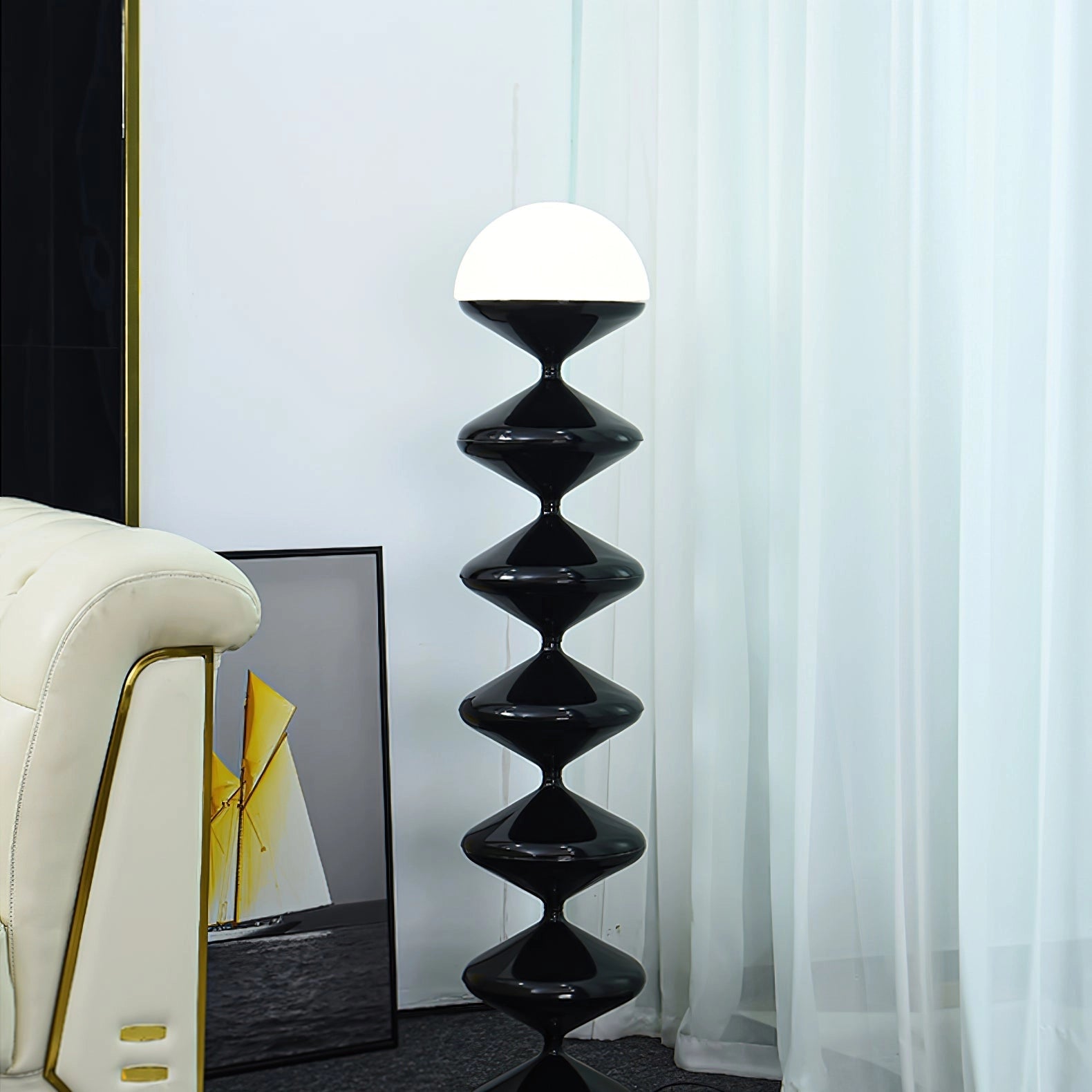 Modern floor lamp with twisted gourd design, featuring an elegant and artistic appearance, placed in a room with wooden shelves and a glass and metal decor.