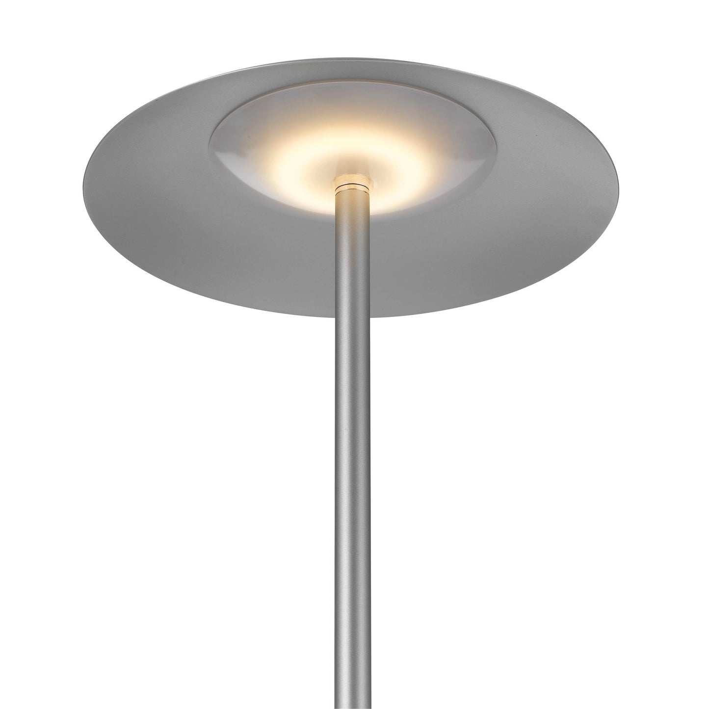 A modern floor lamp with a circular lampshade, featuring a built-in table top shelf and wireless charging pad, providing both lighting and functionality.