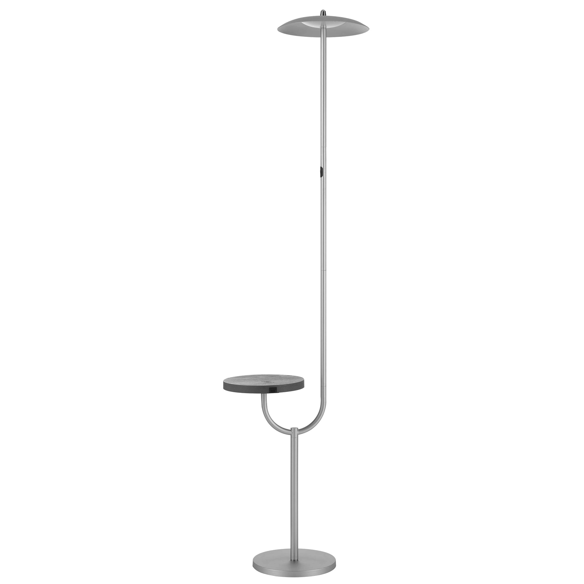 Modern floor lamp with wireless charging, integrated table top shelf, sleek rectangle design, metal finish.