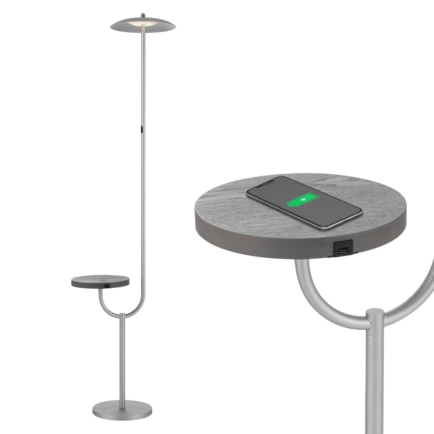 Floor lamp with wireless charging and table top shelf in grey, featuring a circular design and metal finish, with built-in table suitable for electronic devices and accessories.