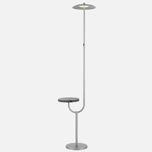 Floor lamp with wireless charging and table top shelf, featuring a rectangular metal base, integrated light fixture, and circular tabletop shelf.
