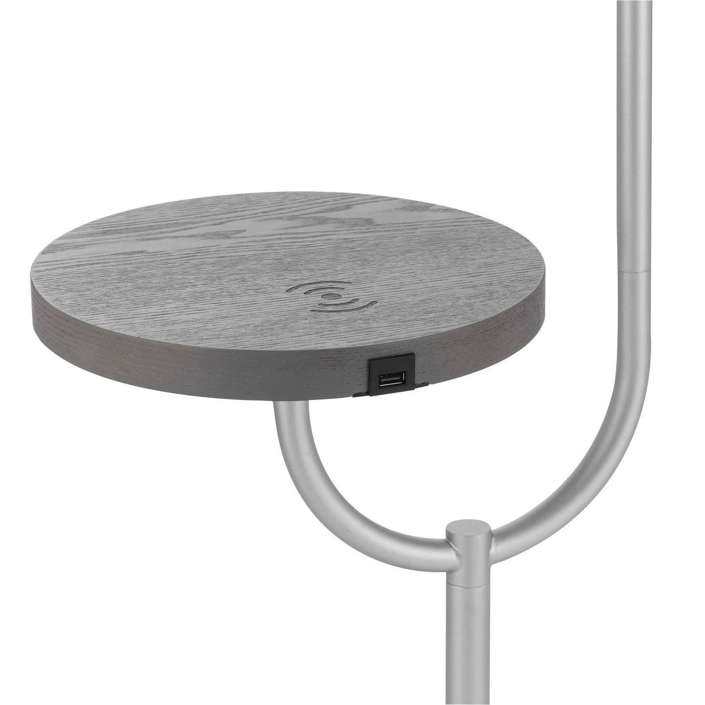 A modern floor lamp featuring a rectangular table top shelf with integrated wireless charging, made from metal and aluminum materials.