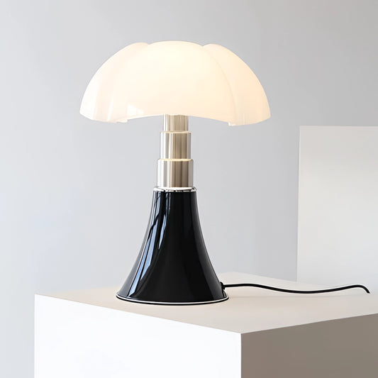 Floral Design Table Lamp with Adjustable Height and LED Light in Black, featuring a decorative floral lampshade, elegant wooden base, and sleek LED lighting.
