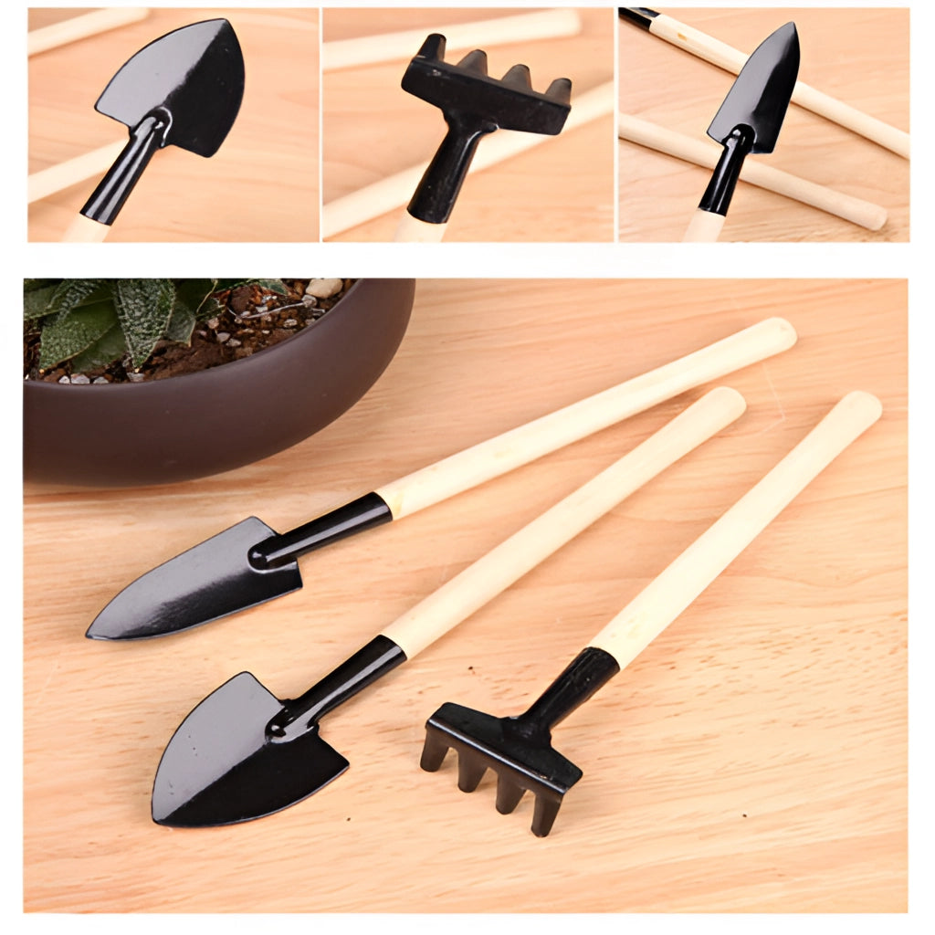 Gardening tool set with durable iron and wooden handles featuring a trowel, hand rake, and weeder.