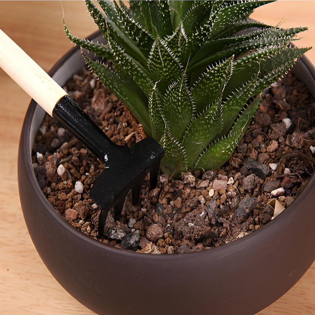 Gardening tool set with durable iron and wood handles placed next to various houseplants and flowerpots in a garden setting.