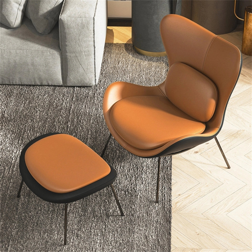 Modern geometric accent chair with brown upholstery, wooden legs, and comfortable design, placed on a wooden floor in a living room setting.