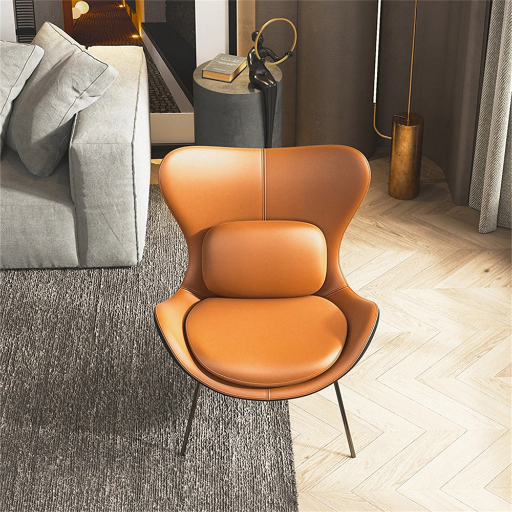 Modern geometric accent chair with orange upholstery, wooden armrests, and comfortable seating, perfect for living room interior design.