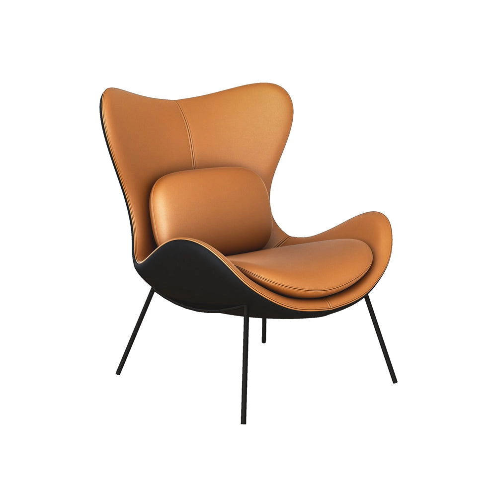 Modern geometric accent chair with wooden armrests and metal legs, suitable for living room decor.