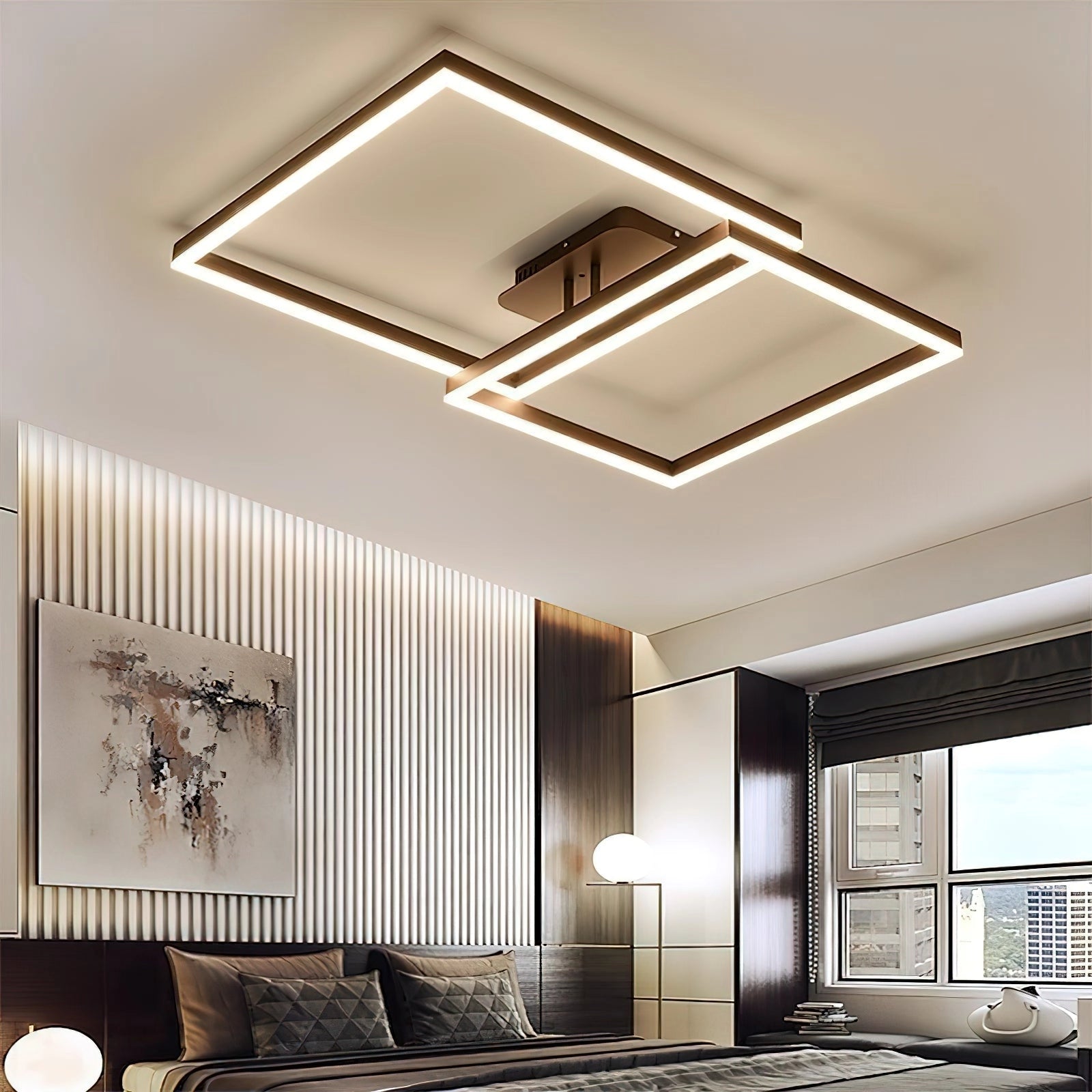 Modern geometric aluminum pendant light with LED technology hanging over a wooden table in a stylishly designed interior space with large windows.