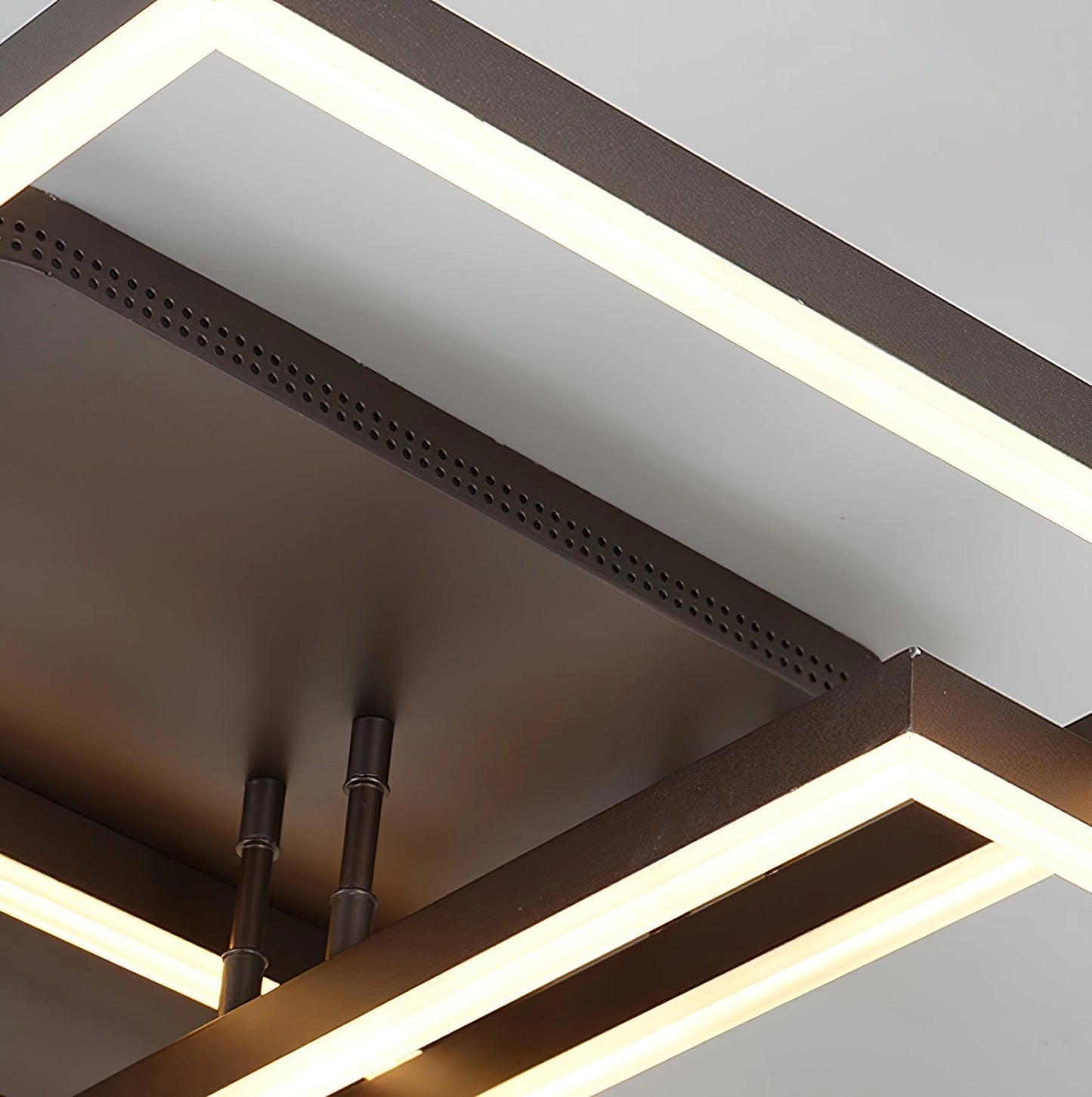 Modern geometric aluminum pendant light with LED technology, featuring a rectangular design and artistic wooden accents.
