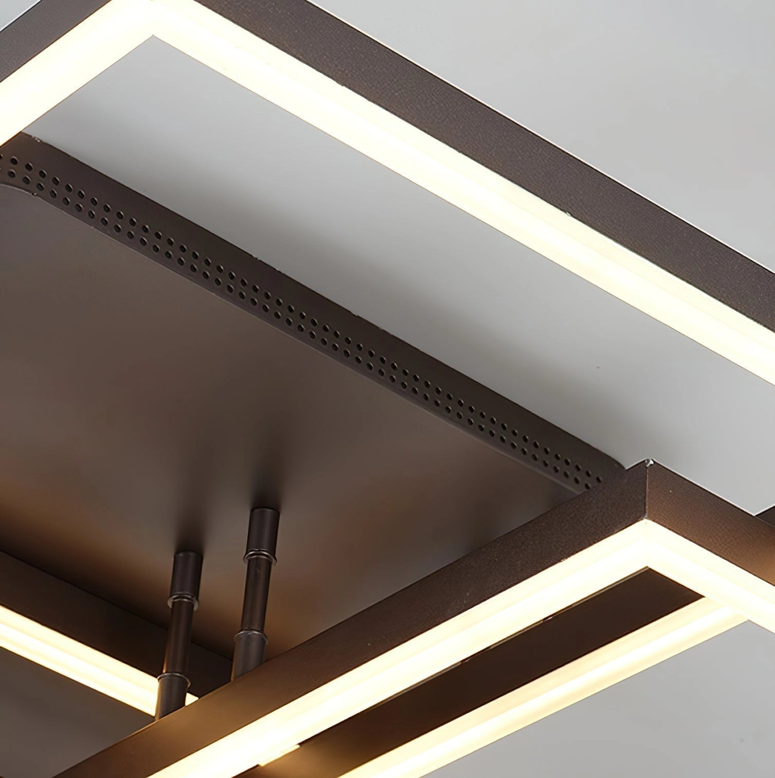 Modern geometric aluminum pendant light with LED technology, featuring a rectangular design and artistic wooden accents.