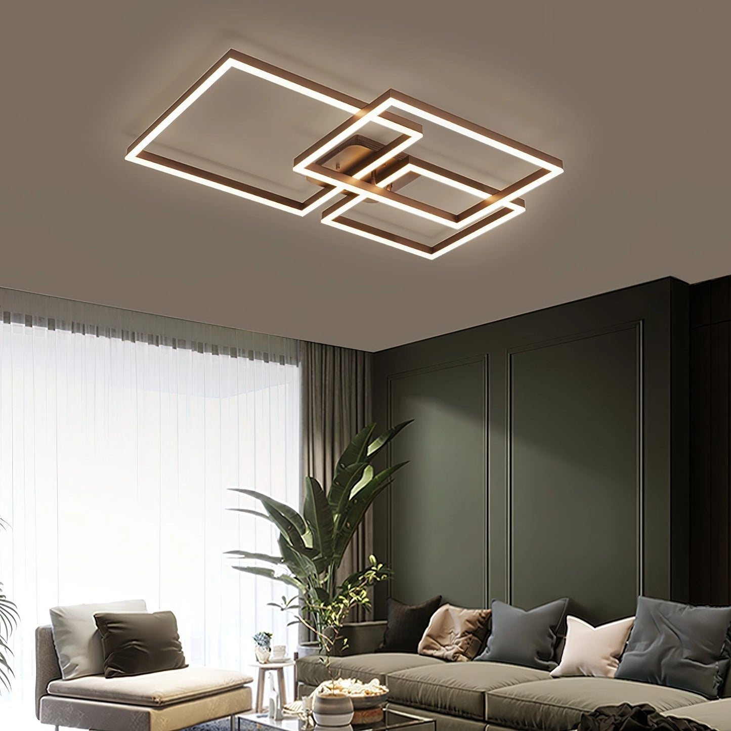 Modern living room featuring a geometric aluminum pendant light with LED technology, stylish furniture, a comfortable couch, wooden elements, a green plant, and contemporary interior design.