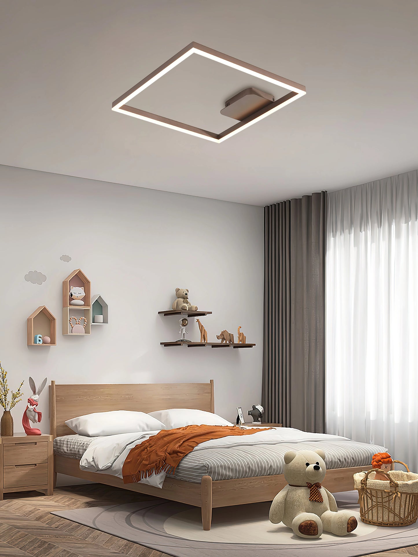 Modern artistic geometric aluminum pendant light with LED technology, hanging in a stylish room with grey and beige walls and wooden flooring.