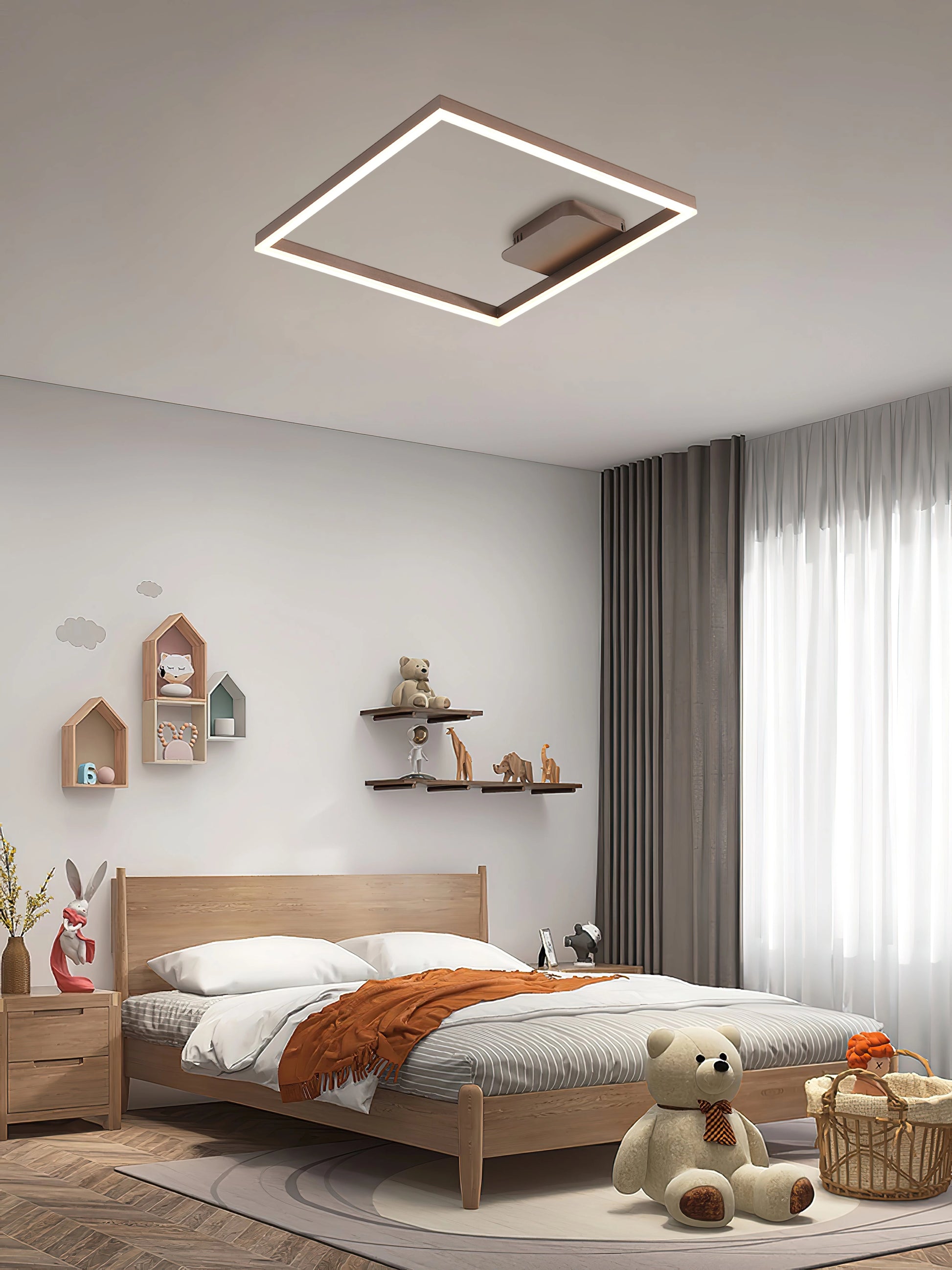 Modern artistic geometric aluminum pendant light with LED technology, hanging in a stylish room with grey and beige walls and wooden flooring.