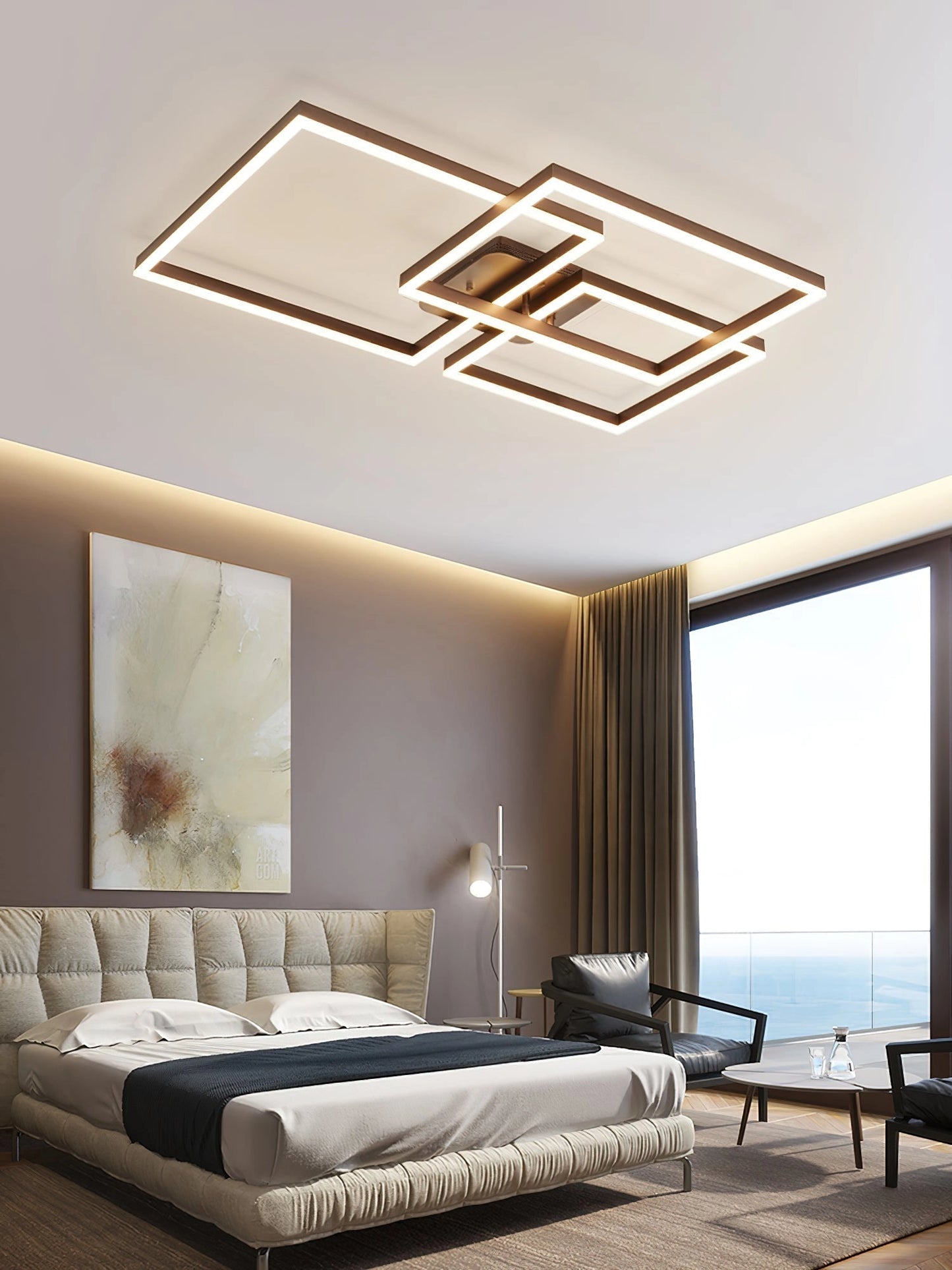 Modern living room featuring a geometric aluminum pendant light with LED technology, showcasing a contemporary artistic design.