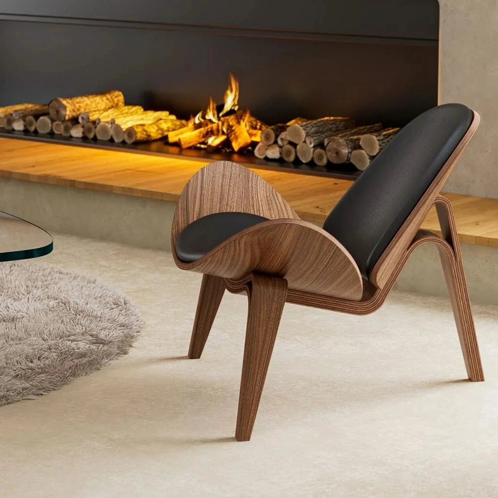 Geometric Retro Accent Chair with wooden legs on hardwood floor in a modern space.
