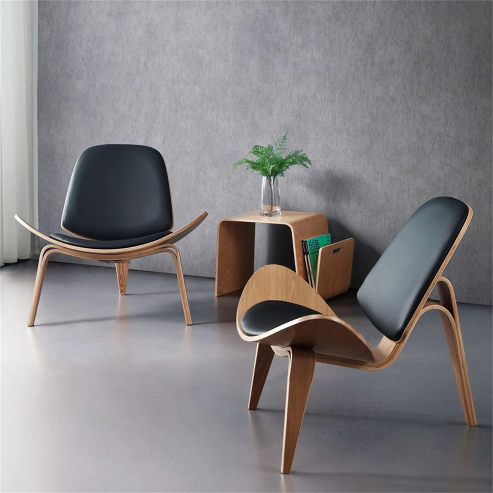 Geometric Retro Accent Chair with wood armrests and rectangular design, placed on a wooden floor in a modern interior setting.