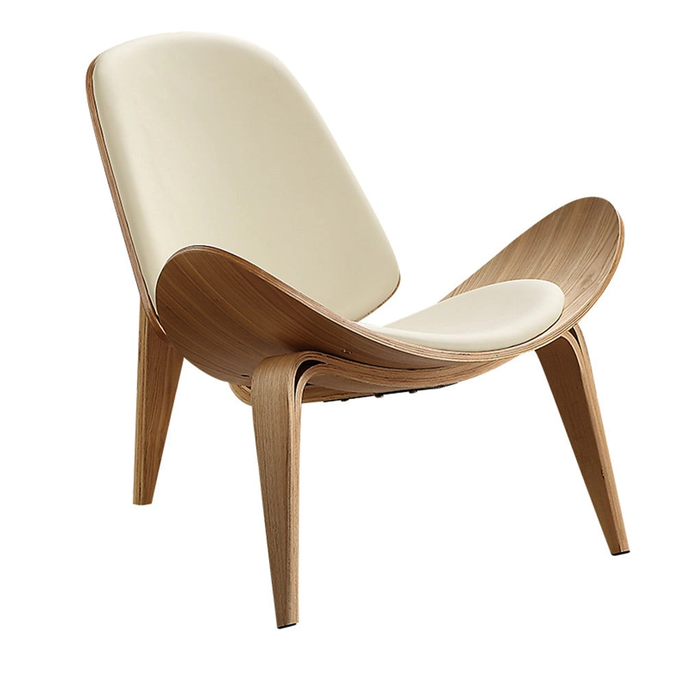 Geometric retro accent chair with white upholstery, wooden armrests, and a hardwood frame.