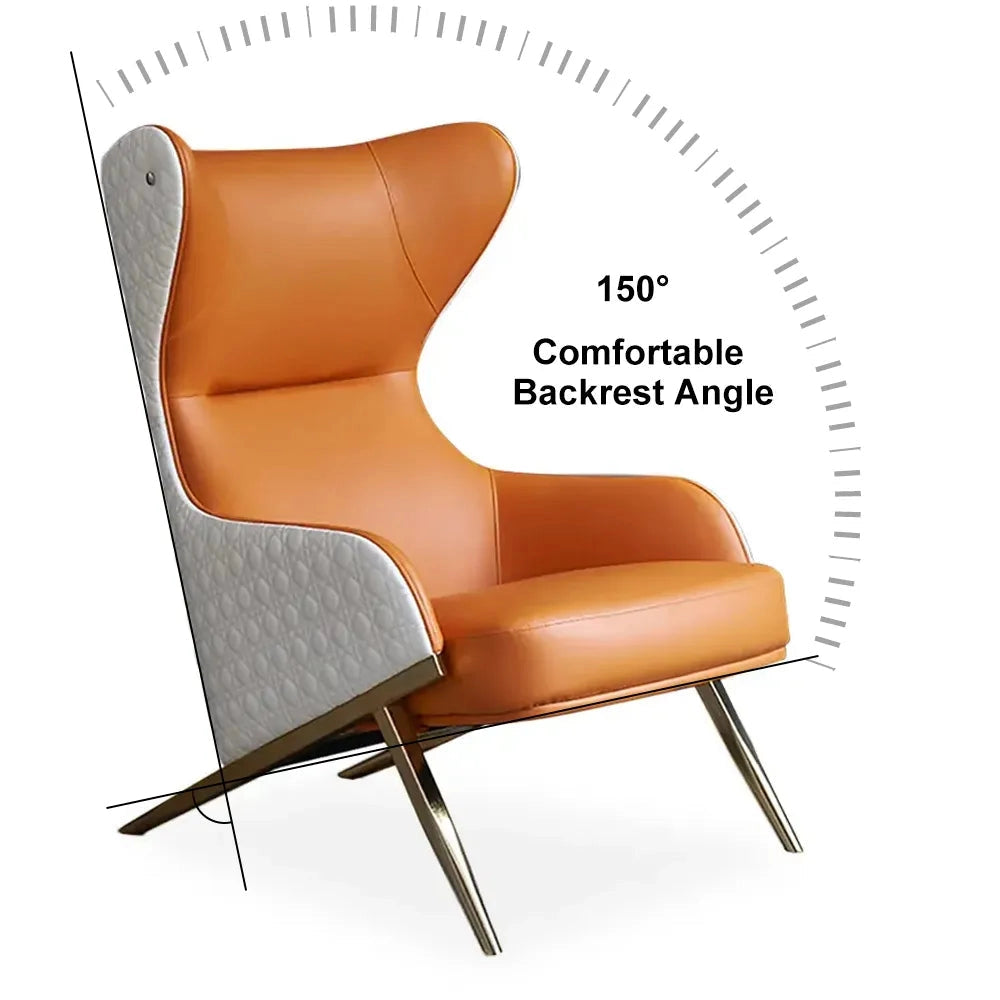 Geometric wingback accent chair with a gold trestle base, featuring brown upholstery and armrests.