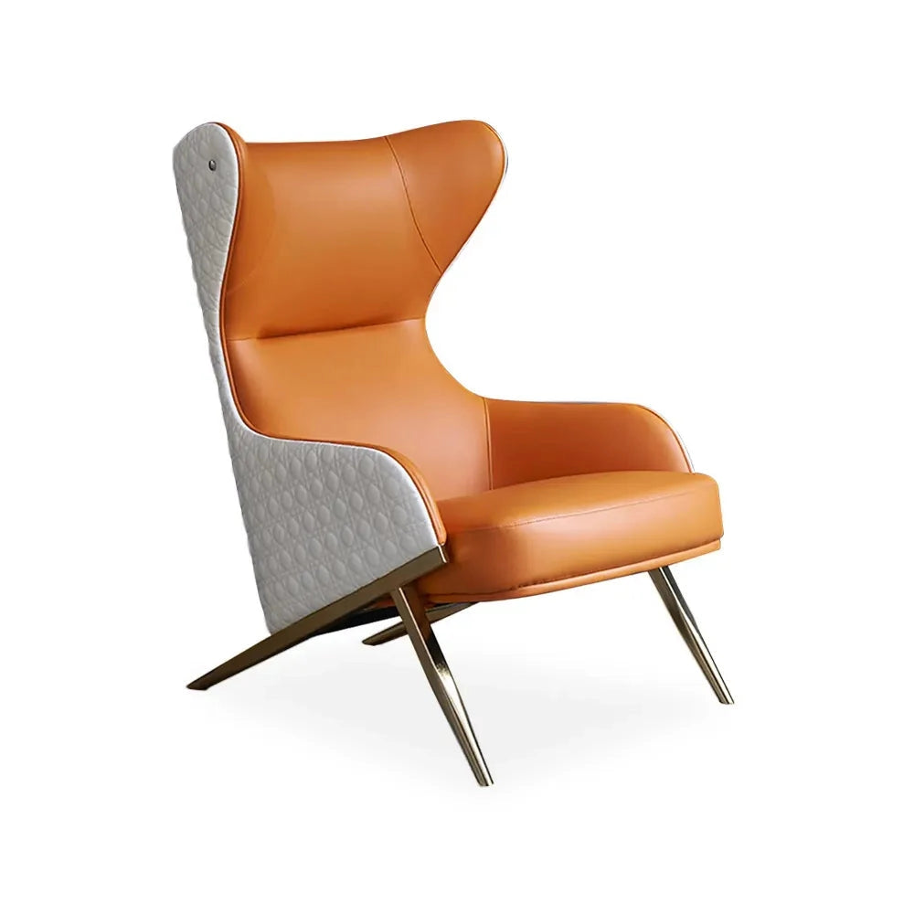 Geometric wingback accent chair with gold trestle base featuring comfortable armrests and a stylish combination of wood and metal elements.