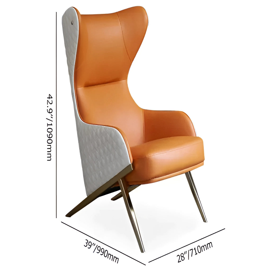 A geometric wingback accent chair with a gold trestle base, featuring armrests and designed for comfort.