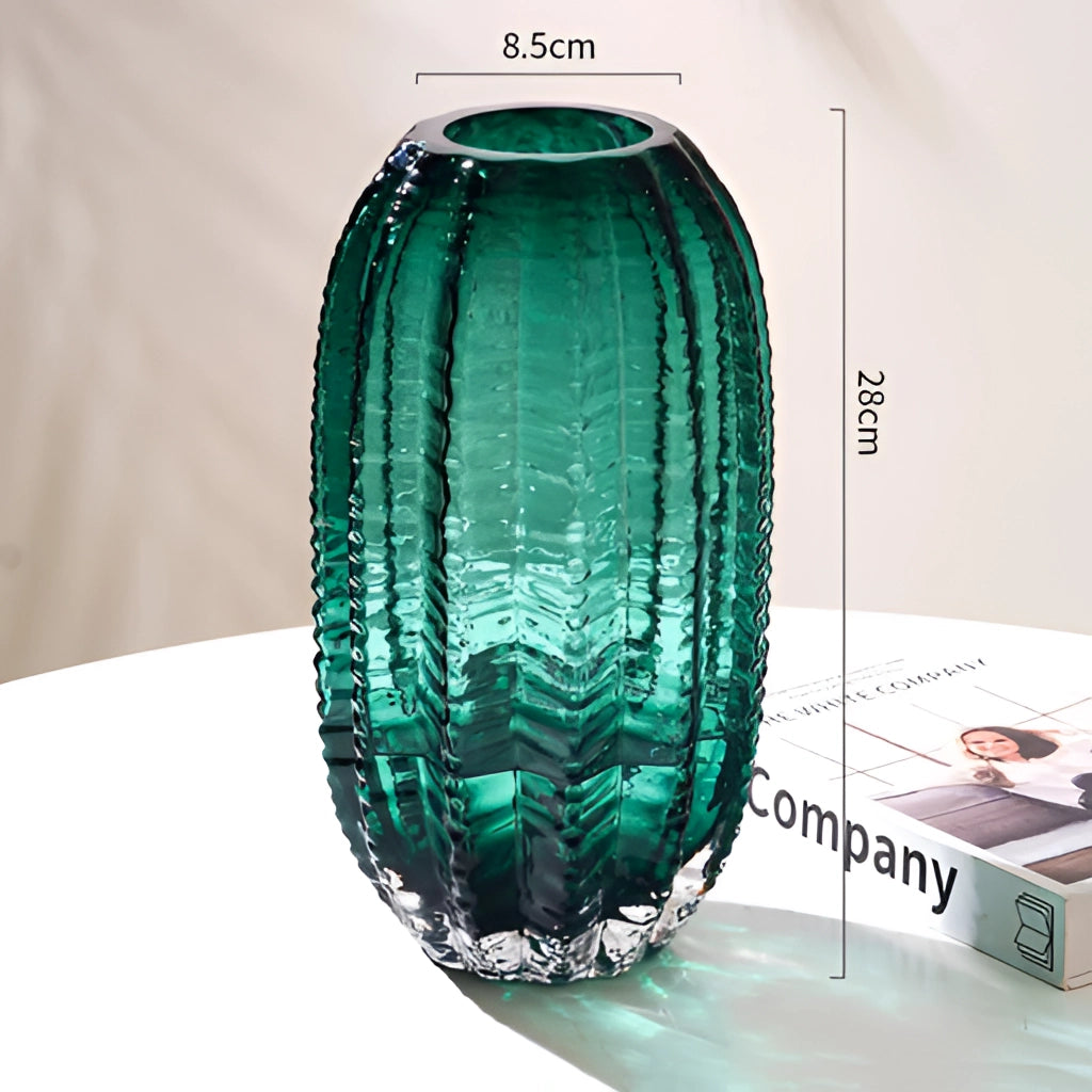 Green glass cactus-shaped vase, large size, with unique artistic design and intricate detailing.