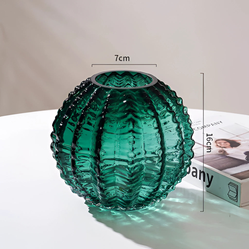 Green small glass cactus vase with intricate design, resembling a decorative holiday ornament.