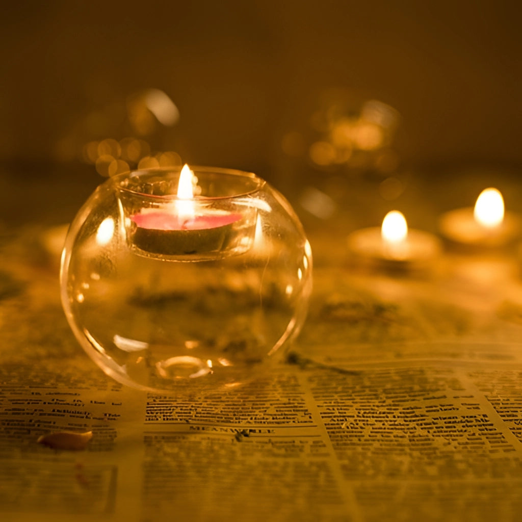 Amber glass candle holder votive tealight stand with a lit candle inside.