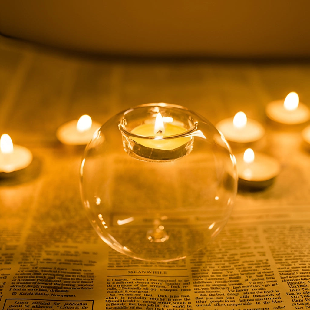 Glass candle holder votive tealight stand with an amber-hued candle inside, emitting a warm light.