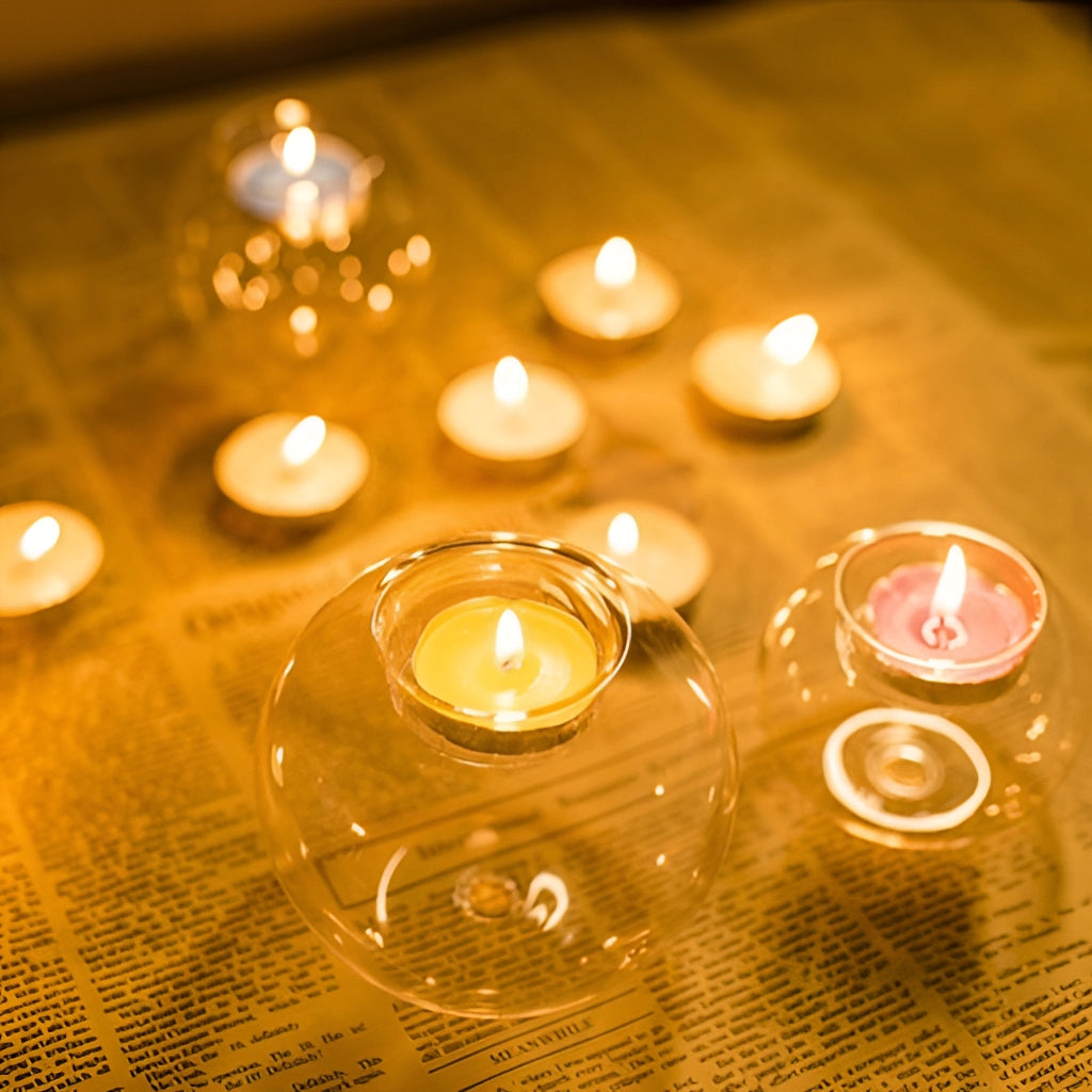 Glass candle holder votive tealight stand with an amber-colored lit candle inside, showcasing melted wax and a soft glow through the glass.
