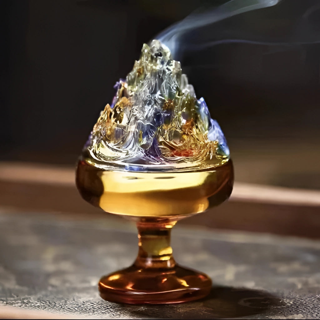 A glass incense burner with an amber finish, designed for Zen home decor.