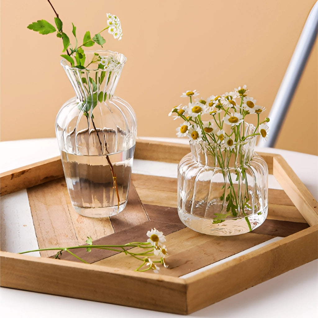Nordic style transparent glass plant vases with various houseplants and flowers arranged, displayed on a wooden surface.