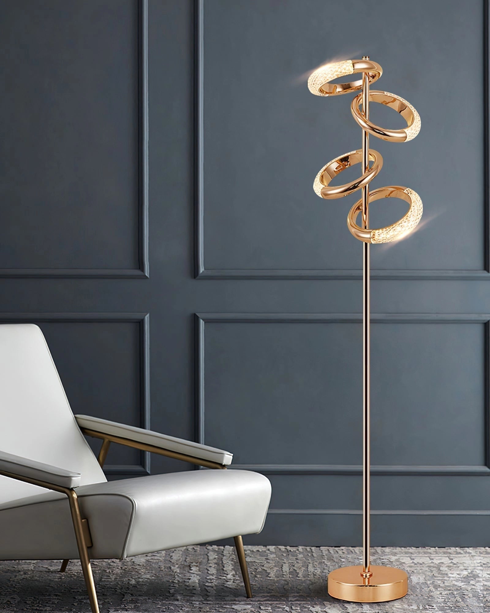 Gold Diamond-Patterned Adjustable Angles Floor Lamp with a rectangular base, wooden elements, metal arm, and glass lampshade, positioned on a hardwood floor against a light-colored wall.