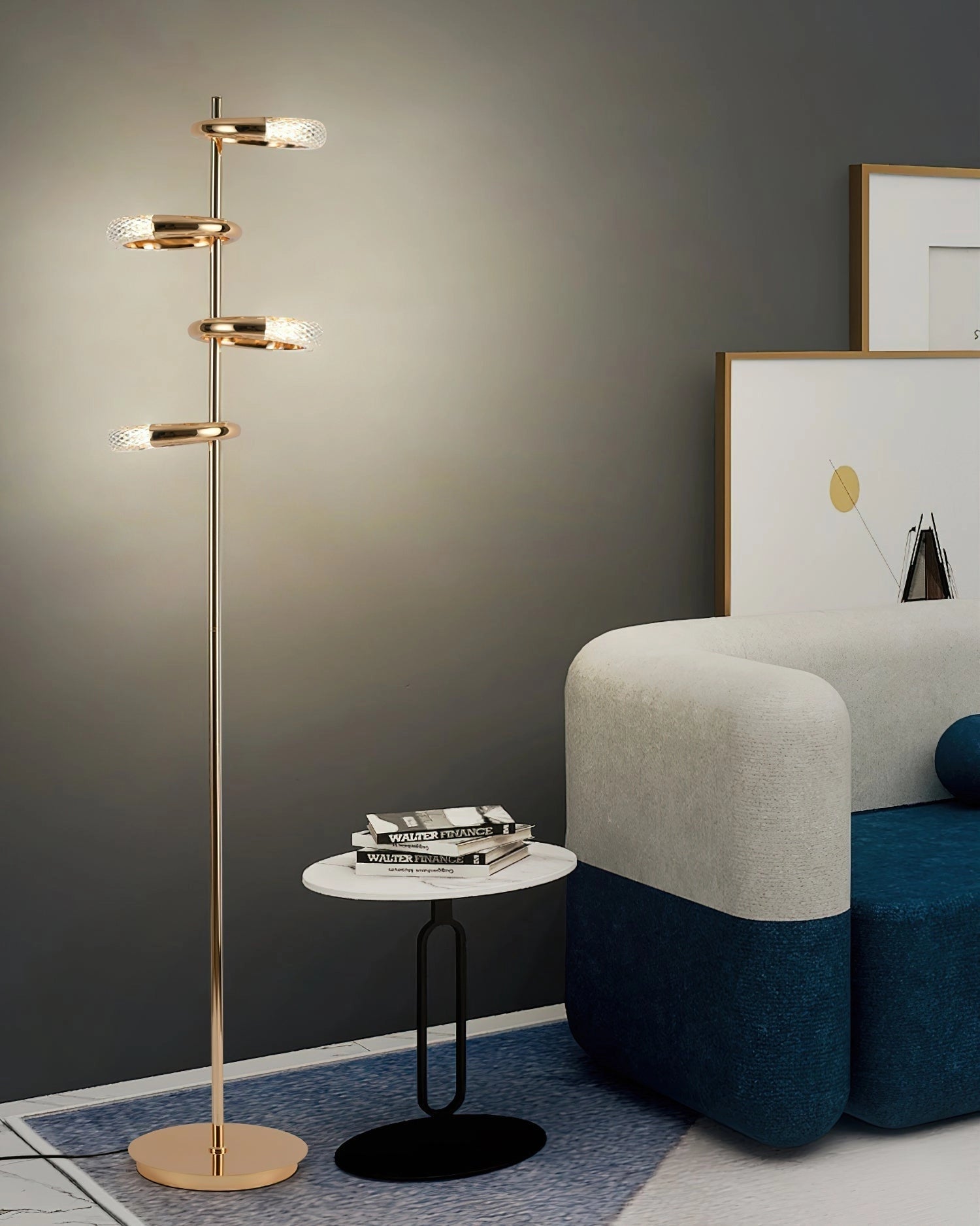 Gold Diamond-Patterned Adjustable Angles Floor Lamp placed next to a grey couch and a shelving unit.
