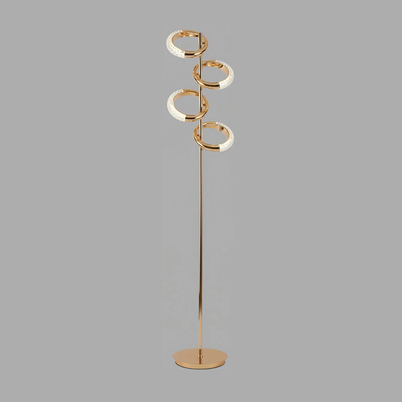 Gold diamond-patterned adjustable angles floor lamp, 13.8 inches diameter, 64.2 inches height, positioned next to a plant with artistic elements in the background.