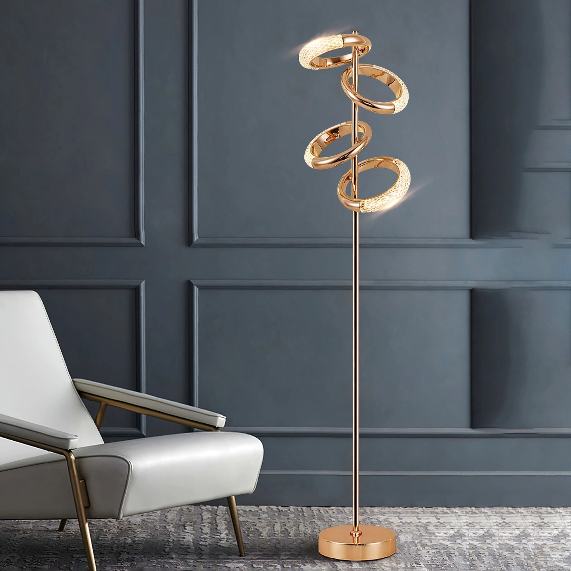 Gold Diamond-Patterned Adjustable Angles Floor Lamp illuminating a modern interior with wooden flooring and contemporary furniture.
