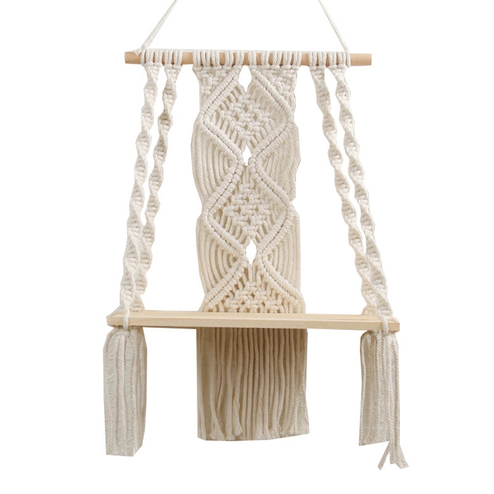 Handwoven Macrame Boho Wall Hanging Tapestry with Geometric Art Design on Display