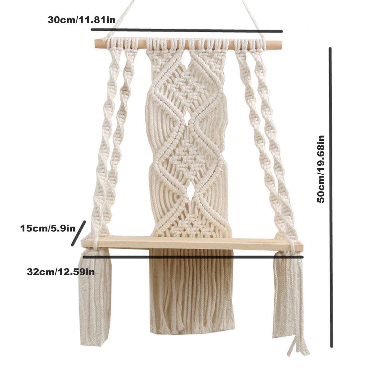 Handwoven macrame boho wall hanging tapestry with geometric art design displayed in an interior setting with a wooden chair and table nearby.