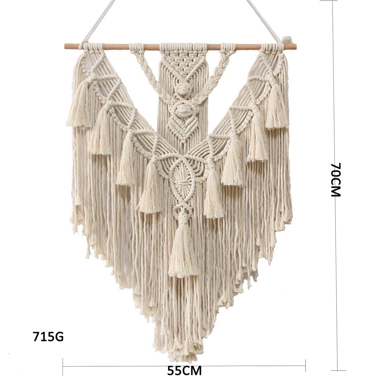 Handwoven macrame boho wall hanging tapestry featuring geometric art design, displayed on a wooden clothes hanger with beige patterns and symmetrical details.