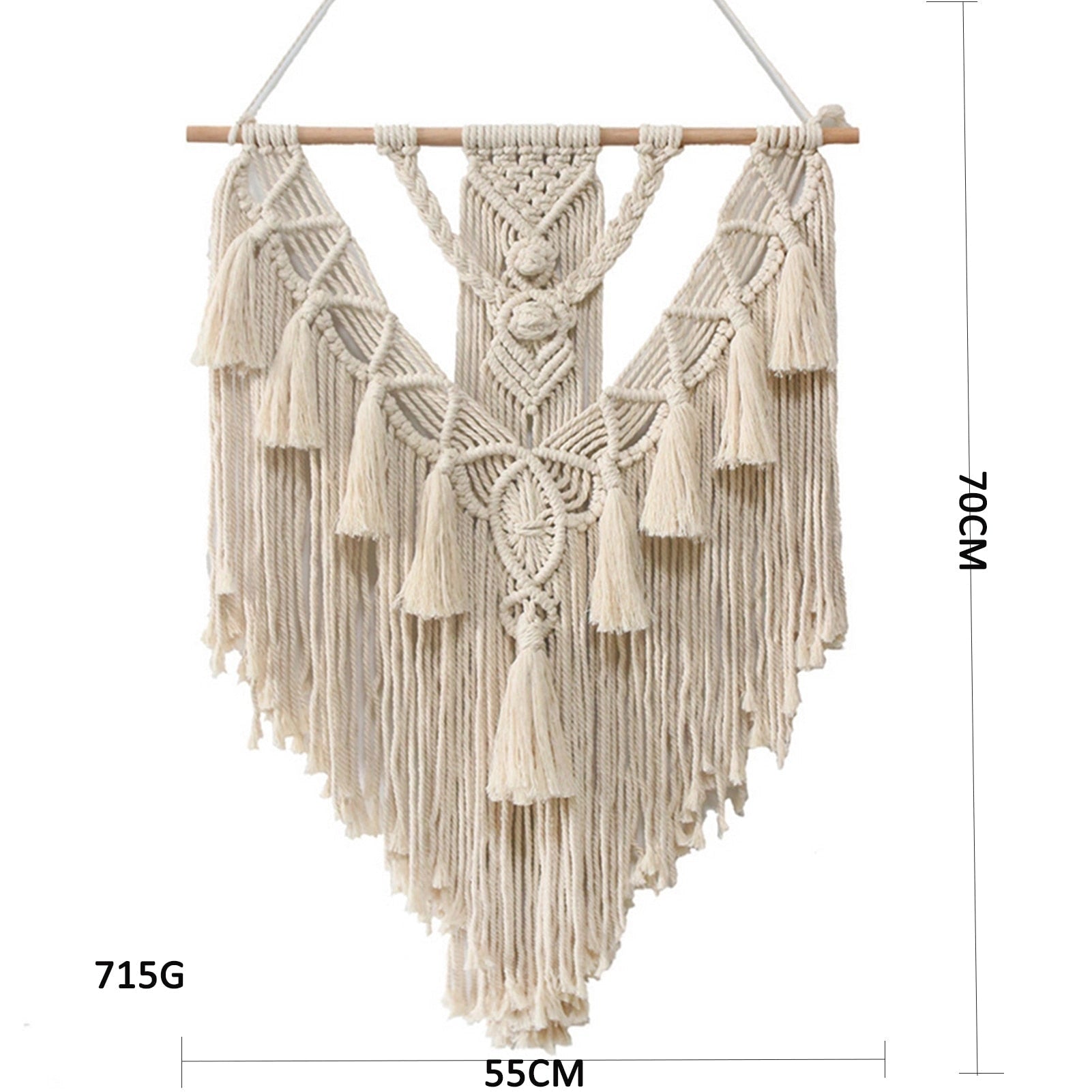 Handwoven macrame boho wall hanging tapestry featuring geometric art design, displayed on a wooden clothes hanger with beige patterns and symmetrical details.