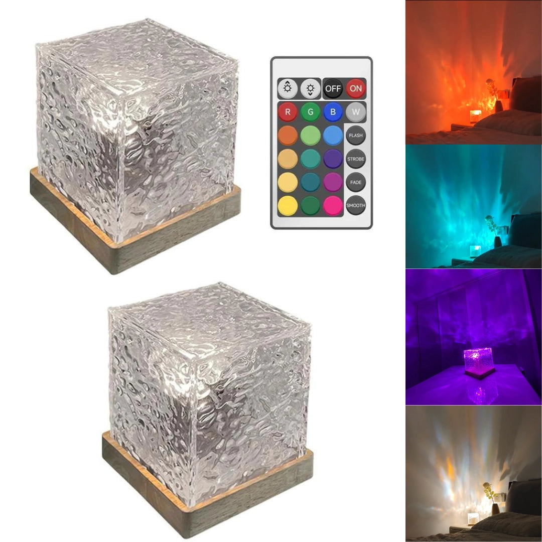Modern rectangular table nightstand nightlight with a sleek metal design and electric blue and magenta illumination.
