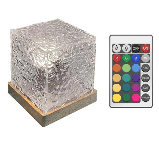A modern rectangular table nightstand nightlight with a wooden base and glass top, featuring a sleek and artistic design.