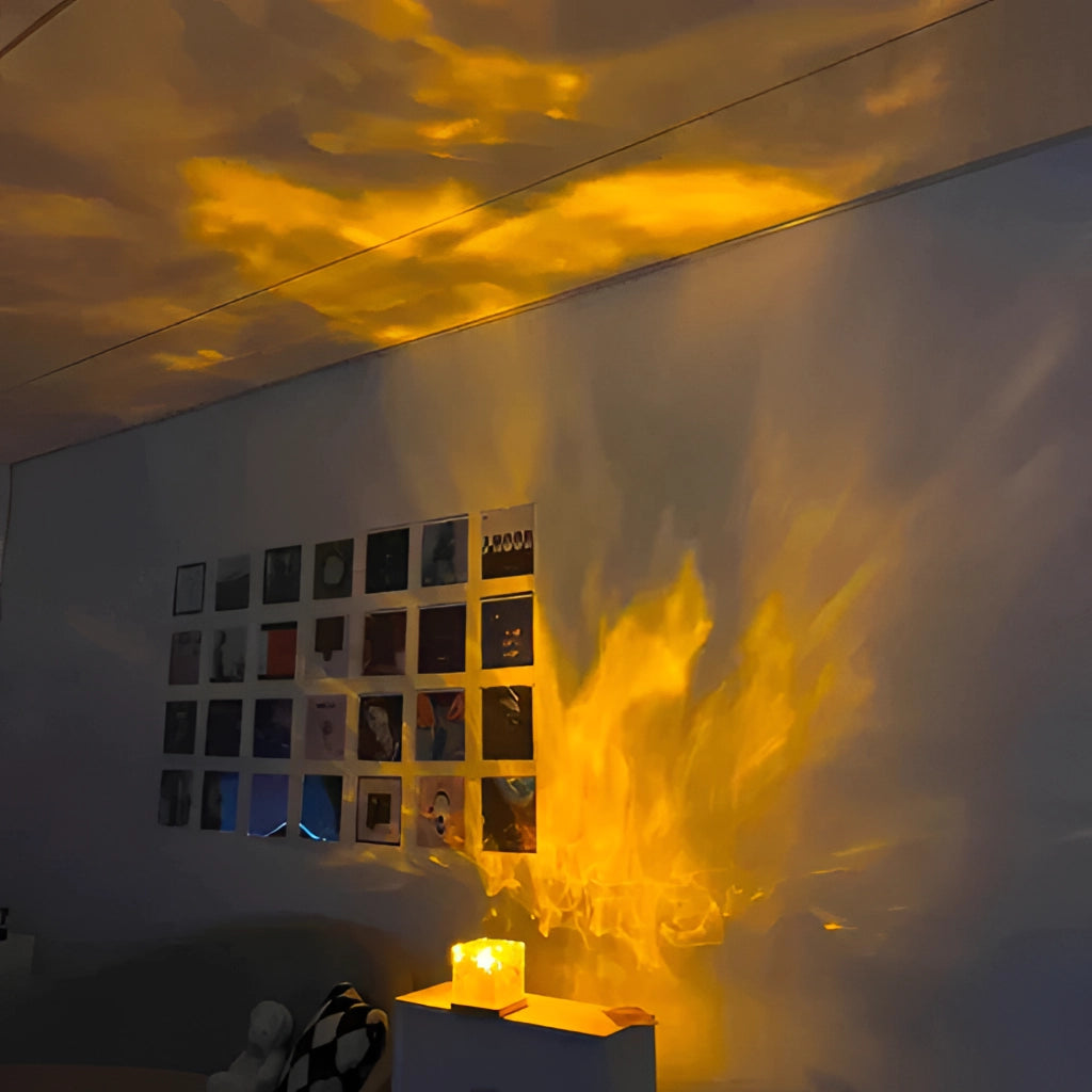 A modern interior lamp named CubeLight, designed as a table nightstand nightlight, glowing with warm amber and orange hues against a backdrop of a sky with clouds.