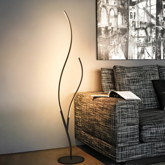 Modern interior lamp with remote control, showcasing wood and metal design elements, adjustable light temperatures, and a sleek rectangular shape, placed near a window.