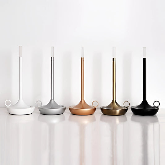 Iron lamp with unique candle design, featuring a cylindrical glass cover, metal base, and 3-level dimming option.