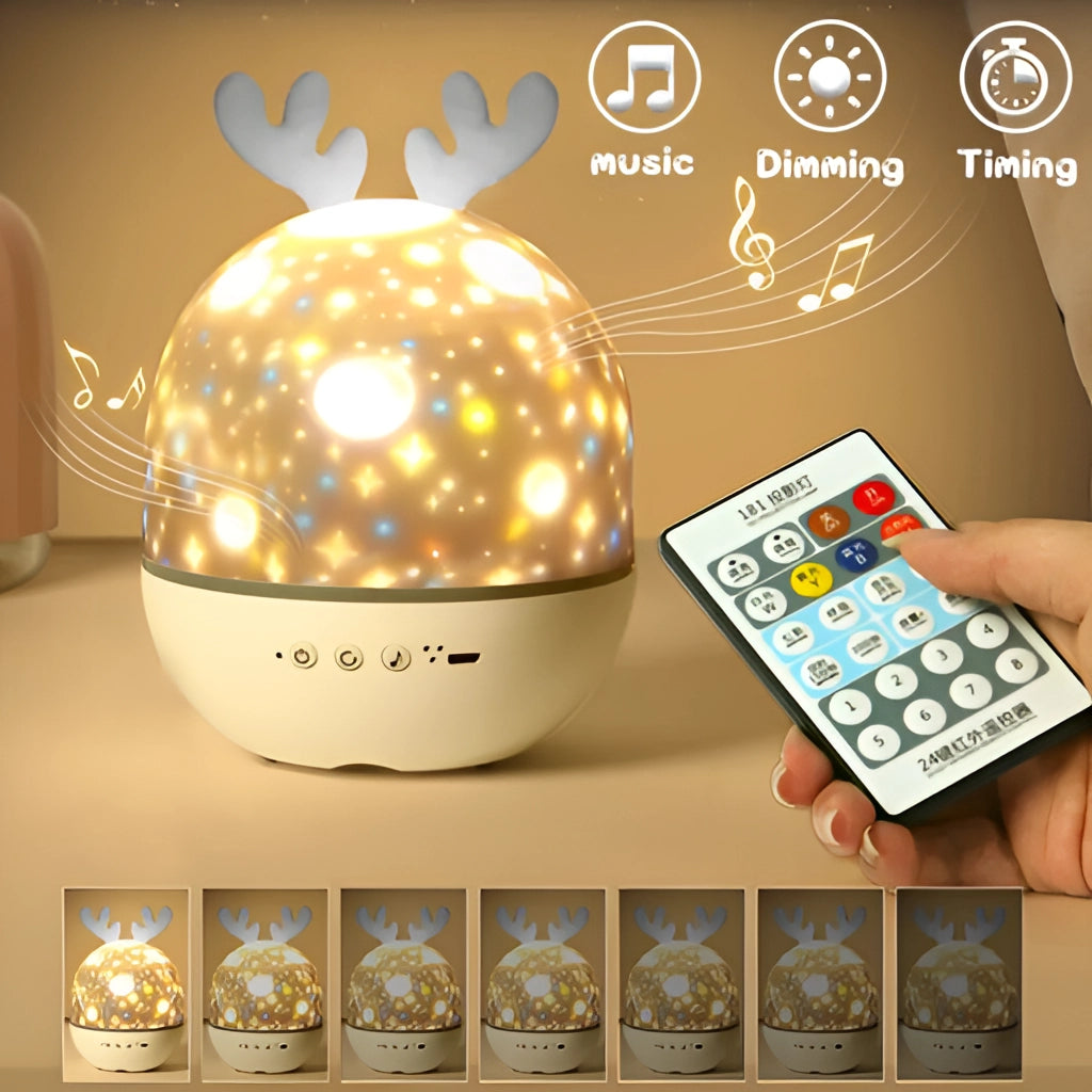 Kids Starry Sky Nightlight Projector with yellow circular design and starry sky graphics illuminating a room.
