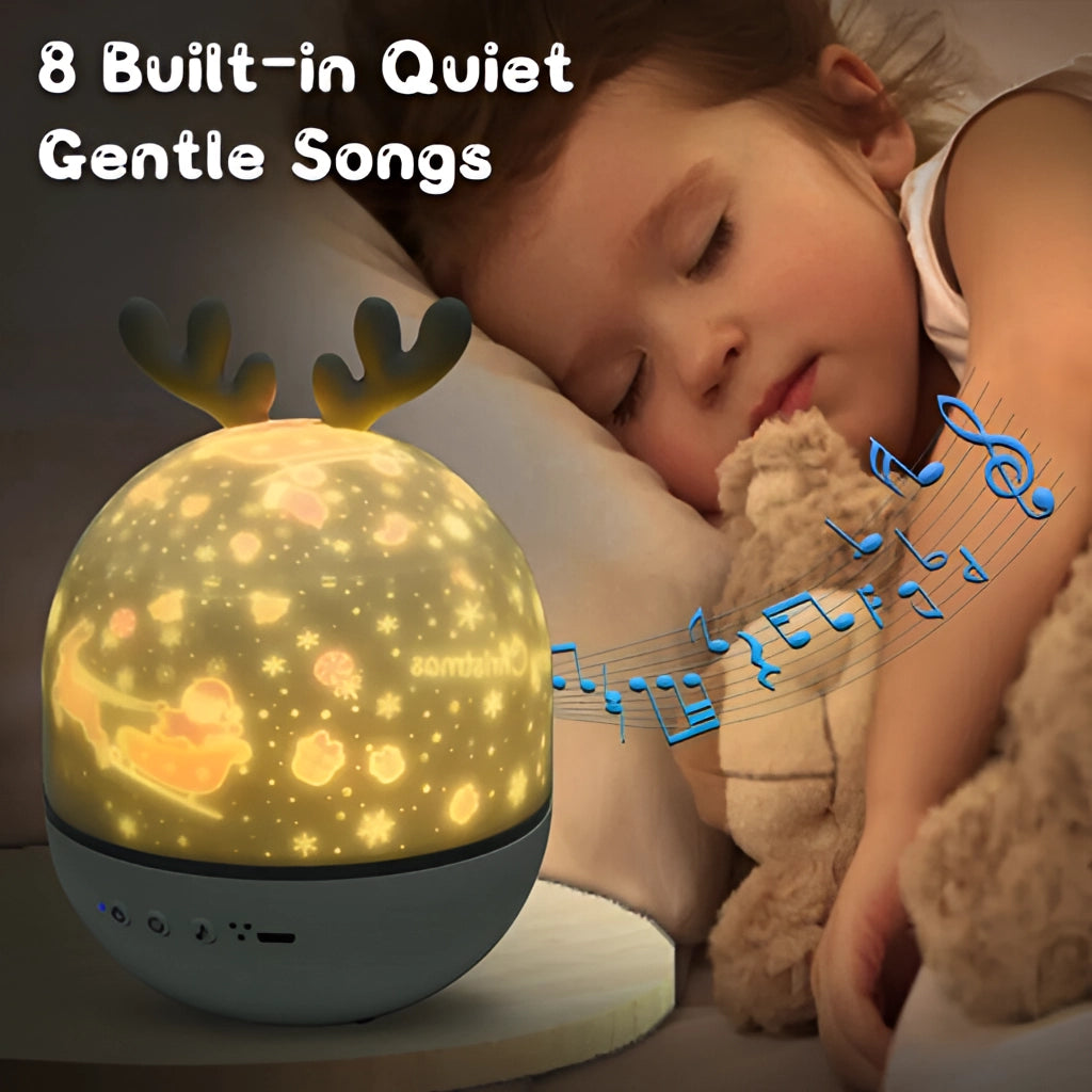 A toddler enjoying the comforting glow of a Kids Starry Sky Nightlight Projector, casting star patterns on the walls and ceiling.