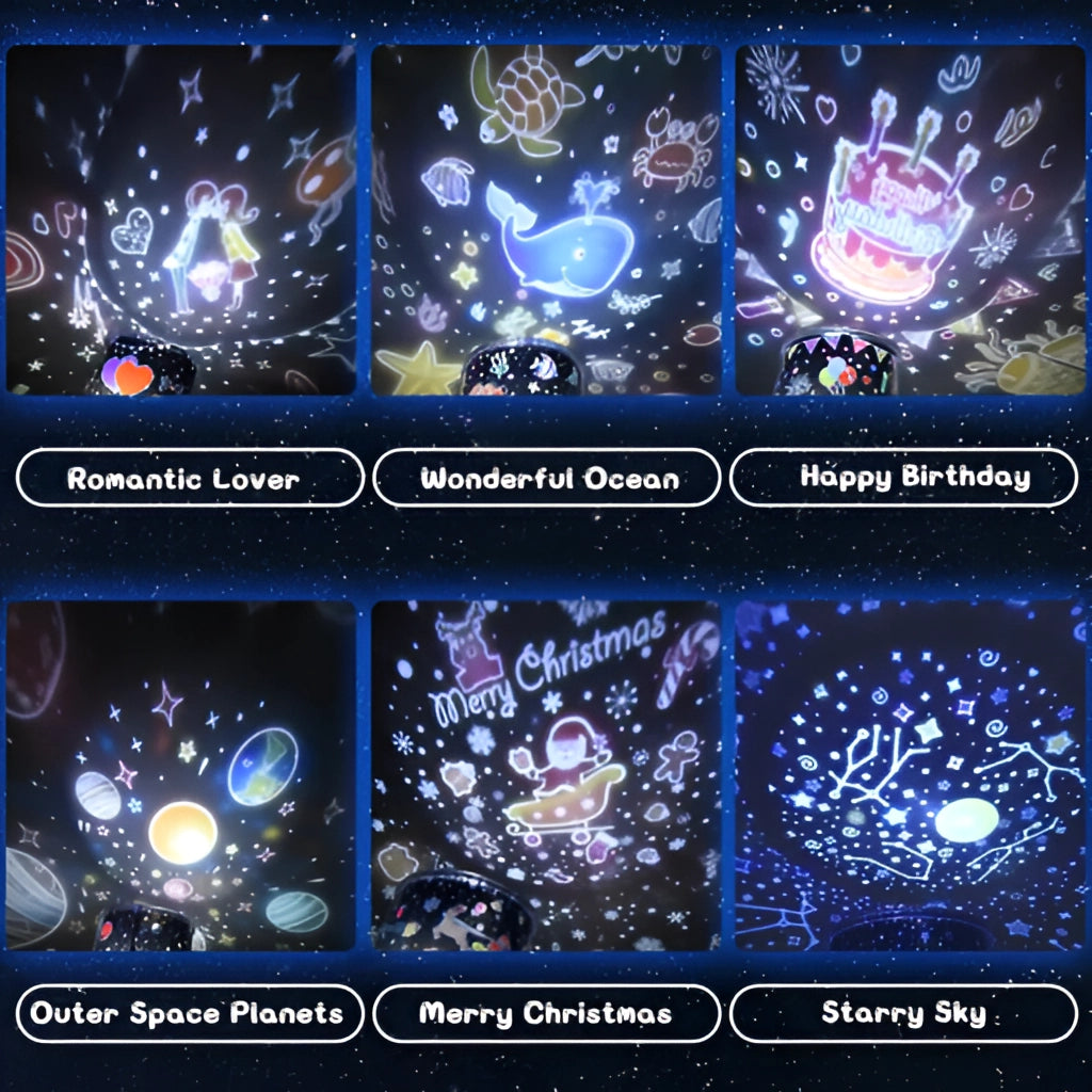 Kids Starry Sky Nightlight Projector illuminating a dark room with projections of stars and astronomical objects in electric blue.