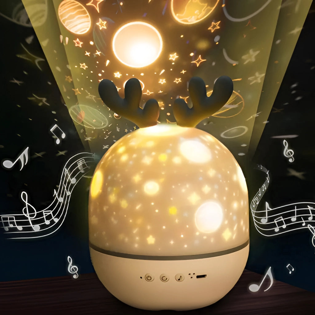 Kids Starry Sky Nightlight Projector emitting white light with a circular pattern of astronomical objects projecting onto a dark background.