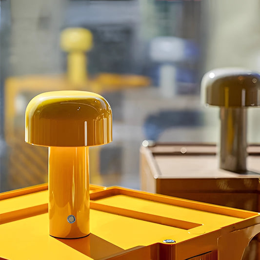 LED Cordless Table Lamp with Unique Mushroom Design featuring a wooden base and yellow mushroom-shaped shade.
